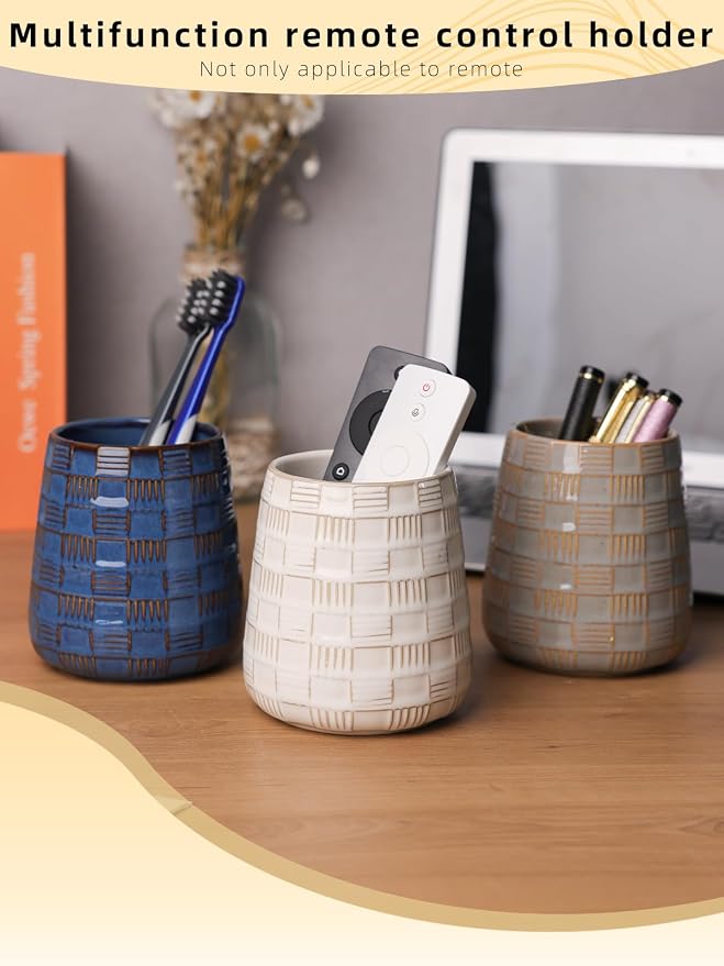 GDCZ Ceramic Remote Control Holder, Remote Caddy Organizer Storage, Remote Organizer for Table, TV Remote Holder, Makeup Brush Pen Holder, Space Save for Office Desk (White)