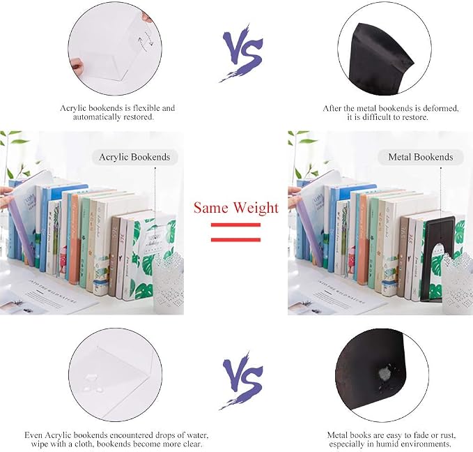 MerryNine Clear Book Ends 2pcs, Acrylic Bookends for Shelves, Non-Slip Bookend Decorative for Heavy Duty Book, Books Holder Stopper for Kids, Bookshelf Dividers Books Organizer for Office Home School