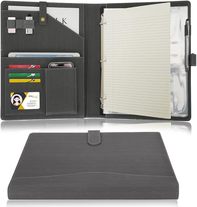 Wonderpool A4 PU Leather Portfolio Holder Ring File Document Case with Removable Binder Clipboard, Multi Pocket and Legal Pad for Business Organizer Interview and Meeting (Gray)