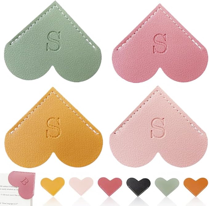 Personalized Leather Heart Bookmark, 26 Letters Customized Corner Book Mark for Reading Women, Book Marker with Initials，Cute Gifts (Light Pink+Deep Pink+Green+Light Brown, S)