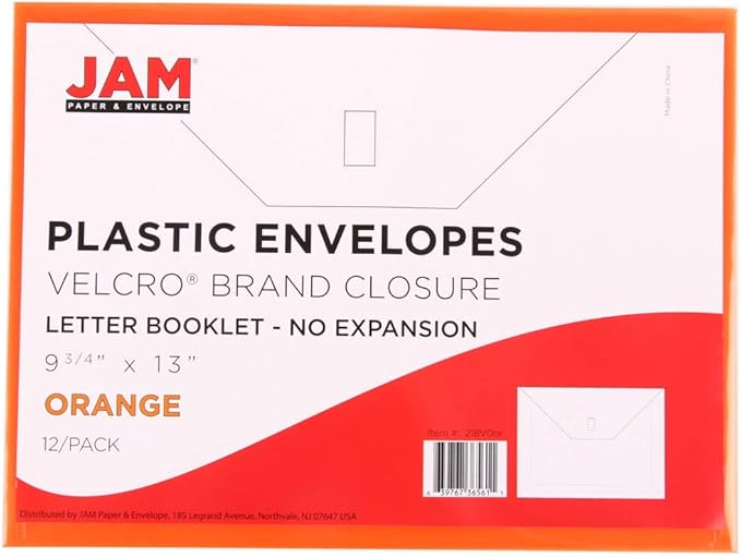 JAM PAPER Plastic Envelopes with Hook & Loop Closure - Letter Booklet - 9 3/4 x 13 - Orange - 12/Pack
