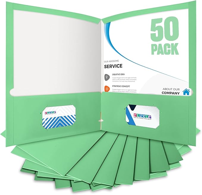 BIBRADAA® 50 Packs Green 2 Pocket Folders,Paper Folders with Pockets Surface with Waterproofing,Letter Size,Holds 100 Plus Sheets,for School,Office,Business. (50, Green)