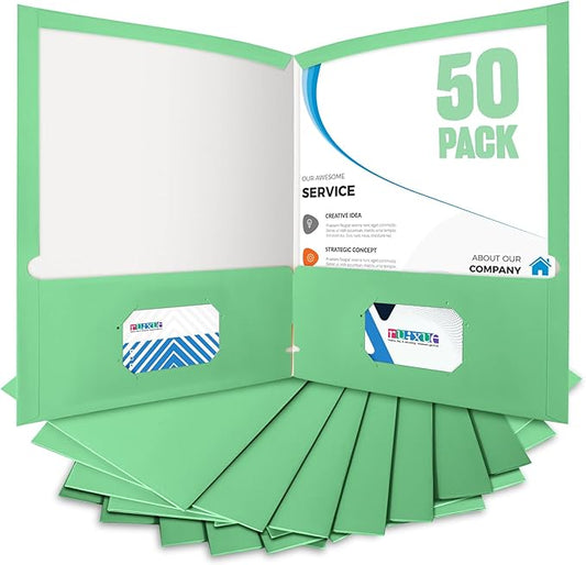 BIBRADAA® 50 Packs Green 2 Pocket Folders,Paper Folders with Pockets Surface with Waterproofing,Letter Size,Holds 100 Plus Sheets,for School,Office,Business. (50, Green)