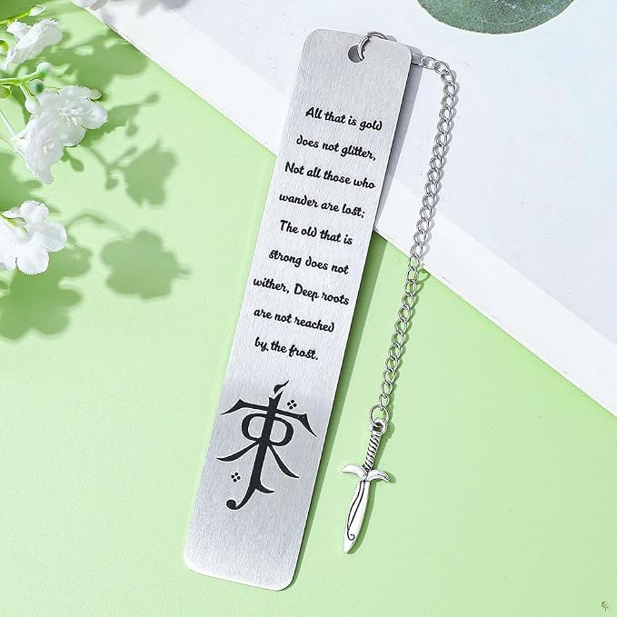 1Pc Fantasy Bookmark Gift Set - Metal Bookmarks with Elvish Leaf Pendant, Sword Charm & Evenstar Engraving, Epic Quotes Carved Jewelry for Book Lovers, Dark Academia Gifts for Readers (Sword)