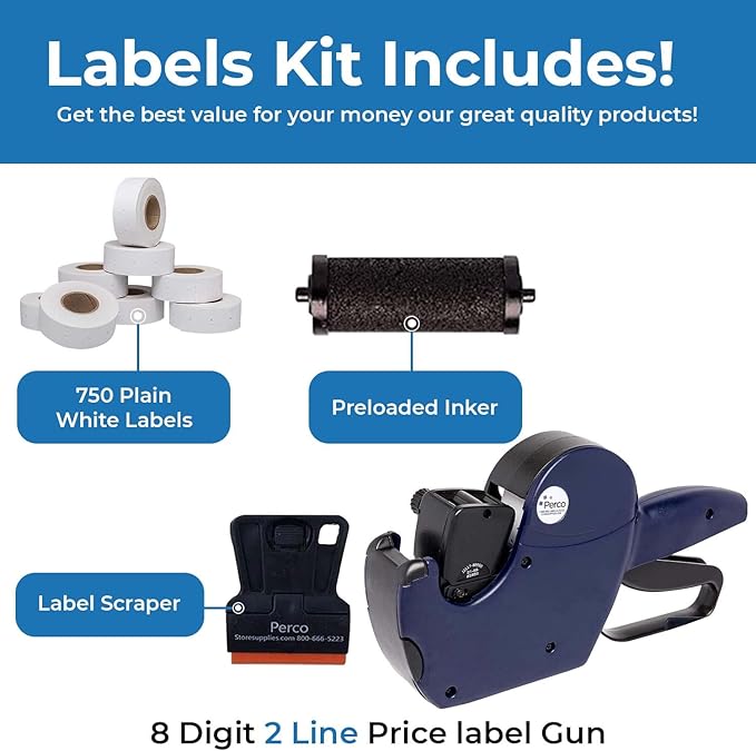 Perco Pro 2-Line Price Gun | 2-Line 16-Characters Price Labeler Gun Pre-Loaded with 750 Blank White Labels and an Ink Roll - Also Includes a Label Scraper Bundled with Perco Labeler Gun Clip