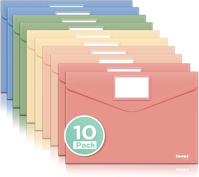 Sooez 10Pack Plastic Envelopes, Plastic File Folder, Folders for Documents Retro Colors, Super Heavyweight Document Holder, Storage Pouches, File Envelopes for School Office Supplies