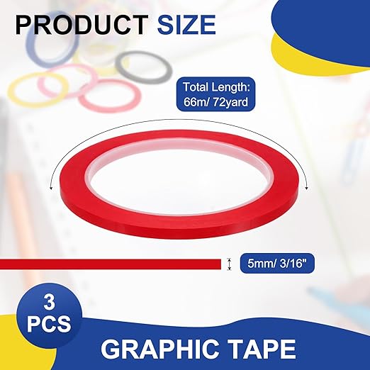MECCANIXITY Whiteboard Tape 3/16" / 5mm Self Adhesive Graphic Chart Line Tape 72 Yard Grid Marking Stickers for Pinstripe Dry Erase Board Scrapbooking DIY Art Crafts, Red, Pack of 3
