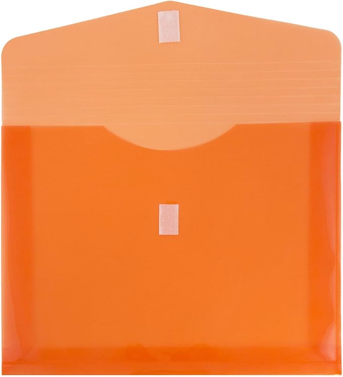 JAM PAPER Plastic Expansion Envelopes with Hook & Loop Closure - Letter Booklet - 9 3/4 x 13 with 2 Inch Expansion - Orange - 12/Pack