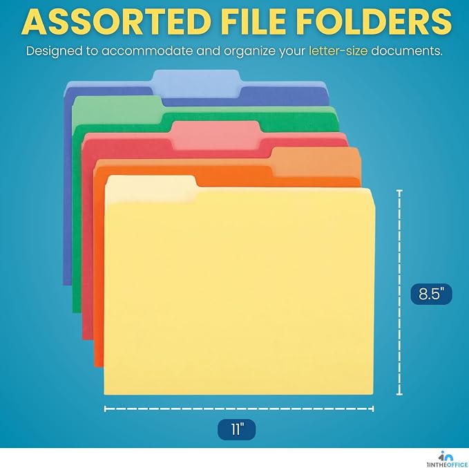 1InTheOffice Colored File Folders, Colorful Assorted Folders with Tabs, Letter Size 1/3-Cut Tab, 100/Pack
