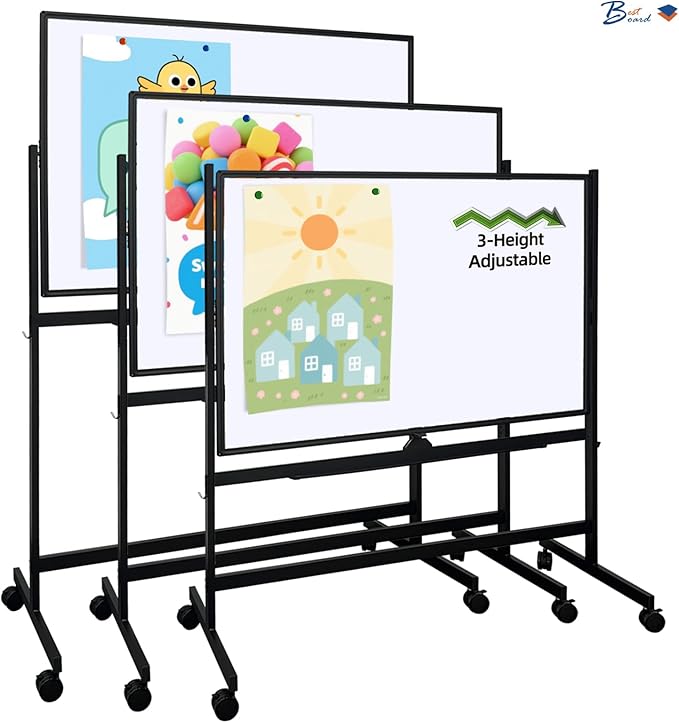48" × 32" Double Sided Mobile Whiteboard, Dry Erase Board on Wheels with Rolling Stand, 360° Rotating & Height Adjustable, 3-Level Adjustment, Black Frame, for Office Classroom Home
