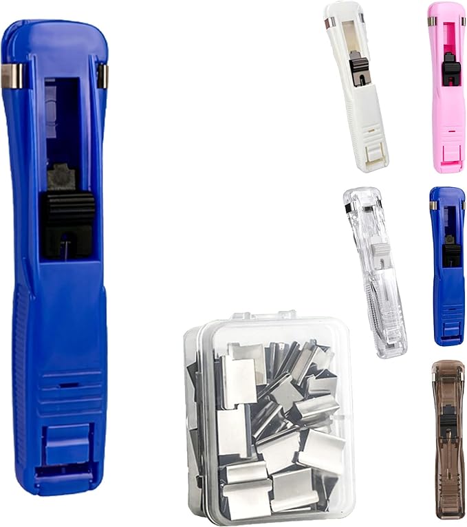 Portable Binder Clip Stapler with 100 Refill Clips,Handheld Paper Clamp Dispenser for Desktop/Document, No-Hole Binding, Home/School/Office Use (Blue,A)