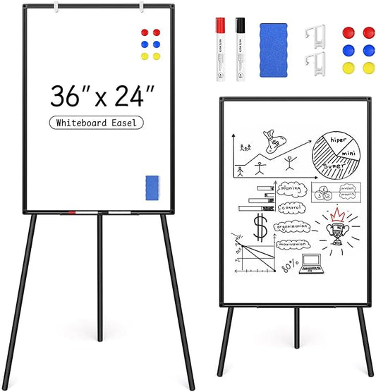 Magnetic Whiteboard Easel Stand, Dry Erase 36 x 24 White Board with Height Adjustable Tripod Stand, 3' x 2' Flipchart Easel Stand Presentation Board with Black Frame, 6 Magnets, 1 Eraser, 2 Pens