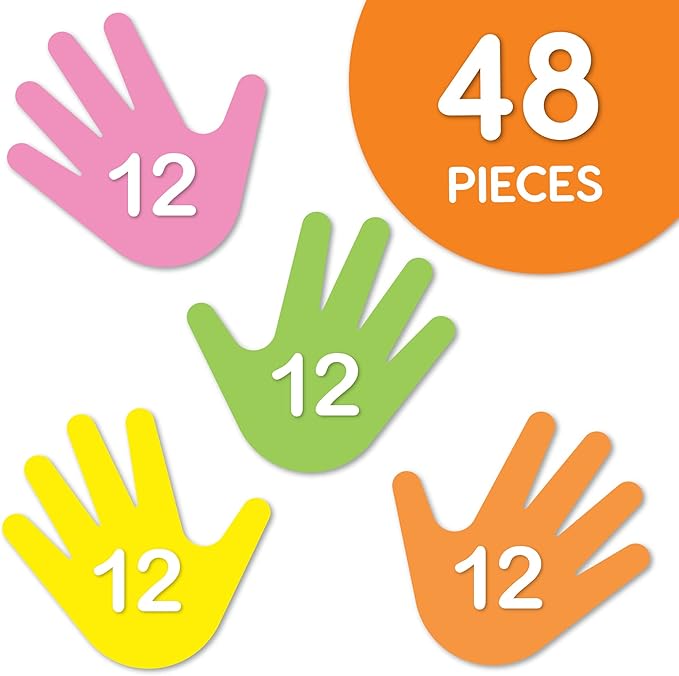 48 Piece Handprint Neon Cutouts with IDEA Guide, US Made 2-Sided Brightly Colored Card Stock Punch Out Handprint Paper Accents for Bulletin Boards, Classroom Decor, Back to School & DIY Crafting