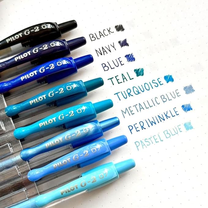 PILOT, G2 Premium Gel Roller Pens, G2 Boost Blues Pack, The Colors of Productivity, 8 Pack Pouch, Fine Point 0.7 mm, Assorted