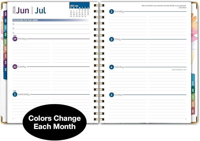 HARDCOVER 2026 Planner, 7"x9": 14 Months (November 2025 - December 2026), Daily Weekly Monthly Planner, Yearly Agenda, Bookmark, Pocket Folder and Sticky Note Set (Rainbow Floral)