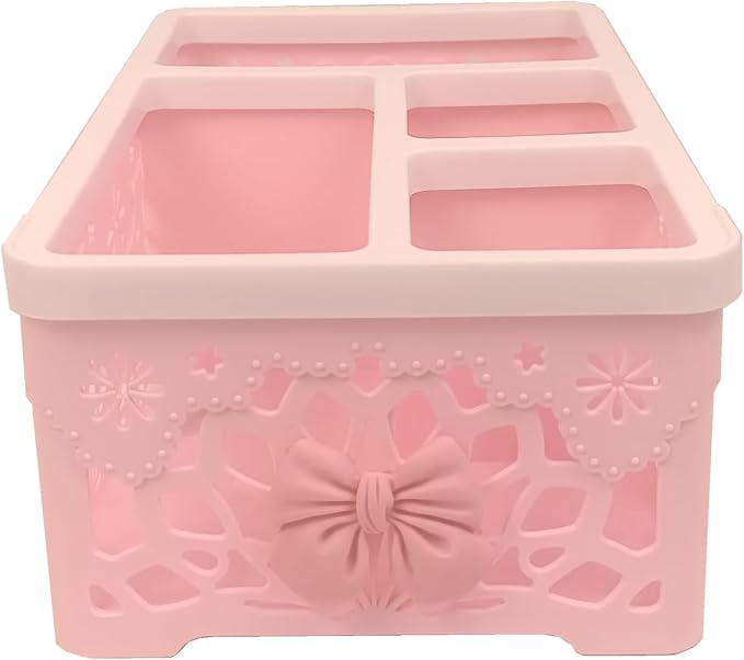 Pink Bow 4 Compartment Plastic Storage Caddy, Hollow Lace Divided Vanity Organizer Bin, Cute Pastel Pink Desktop Basket for Cosmetics Stationery Small Accessories (Bowknot B)