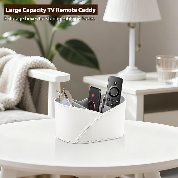 PU Leather TV Remote Control Holder with 3 Compartments, Bedside Table Remotes Caddy, Office Desk Accessories and Workspace Organizers, Storage Box to Store Pen, Controllers, Media Player, Cosmetics