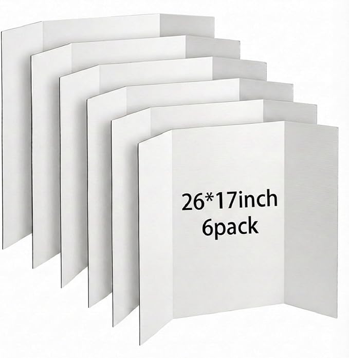 Trifold Poster Board, 26" x 17", 6-Pack, White Corrugated Project Boards for Science Fairs, School Projects, Event Displays, Business Presentations, Easy to Fold & Reusable