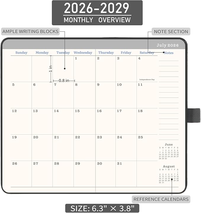 2026-2029 Monthly Planner/Calendar - 3 Year Planner with Faux Leather Cover, Jul 2026 - Dec 2029, Small Pocket Planner for Purse, Pen Holder, 3.8" x 6.3", Inner Pocket, 63 Notes Pages