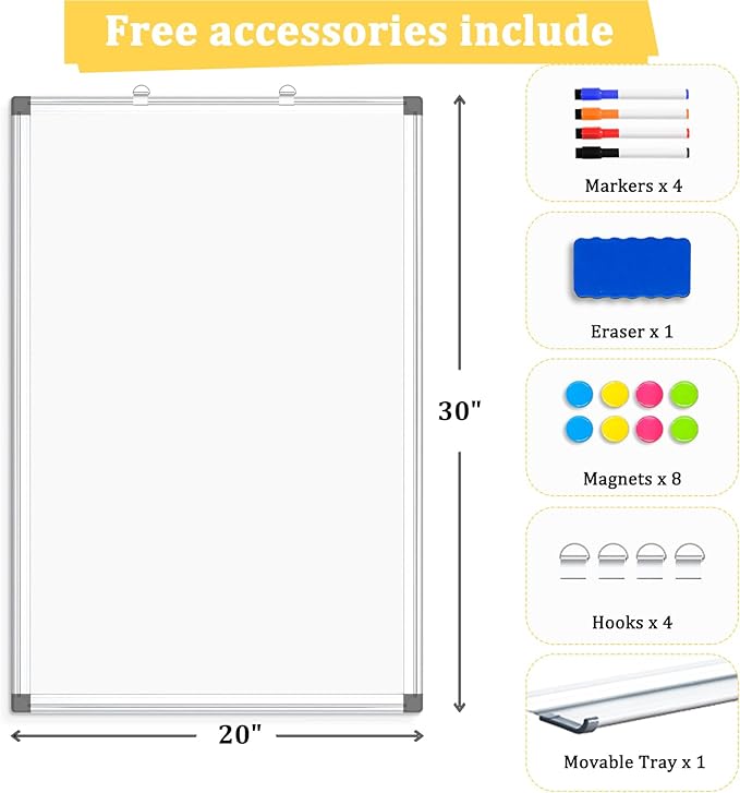 Double-Sided Magnetic Whiteboard, 30" x 20" Dry Erase Board, Aluminum Frame White Board for Wall, Hanging Mounting White Board Dry Erase Marker Board with 4 Markers, 1 Pen Tray