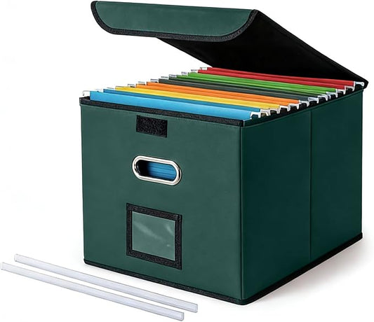 CADONO File Organizer Box with Lid, Large Hanging File Folder Organizer with Plastic Slide, Collapsible Portable Filing Storage Boxes for Office/Decor/Home (Dark Green, 14.9 x 12.59 x 10.8 inch)
