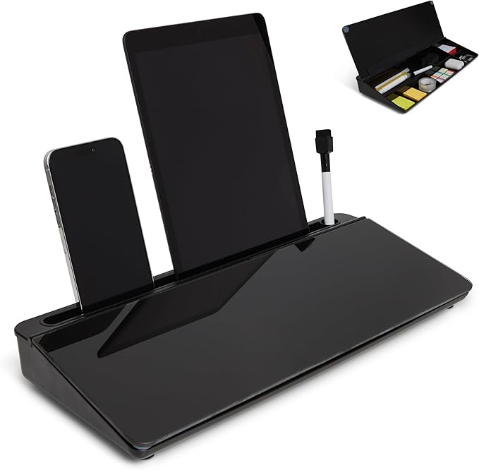 GAROOD Desktop Dry Erase Board with Storage Black Color Dry Erase Board Desk Board Glass Desktop Board with Stand Home Office Desk Organizer Phone Holder 15.8X7X2 inches