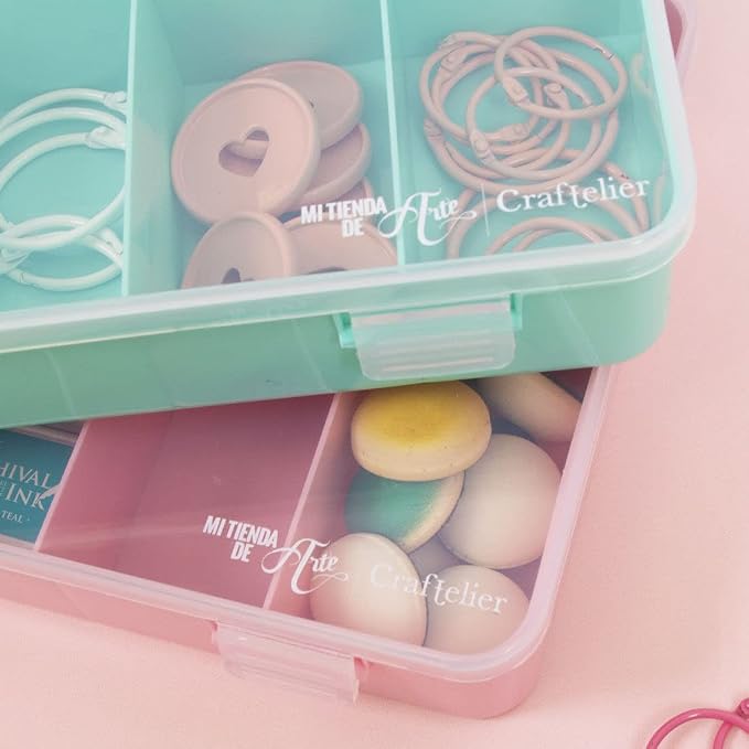 Craftelier - Organizing Box with 10 Compartments for Scrapbooking and Craft Materials | Dimensions 26.5 x 17.8 x 4.2 cm (10.4“ x 7” x 1.65") - Turquoise and Transparent Color