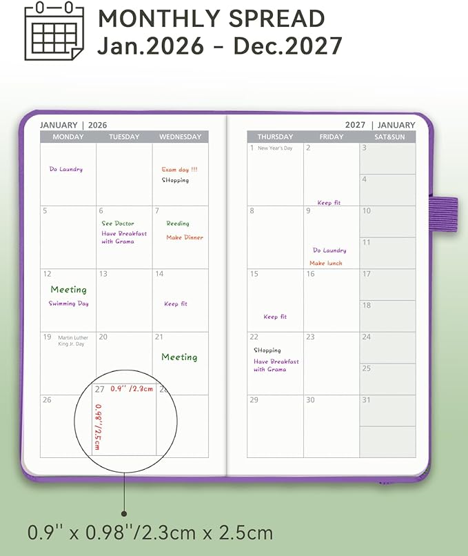 Pocket Monthly Planner 2026-2027 by YihurKis - 2 Year Pocket Monthly Calendar (Jan.2026 - Dec.2027), 4 Page Per Month with Expense Pages 3.5" x 6", Leather Hard Cover, 100GSM Thick Paper - Grey Black
