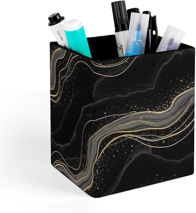 Fashion Pencil Pen Holder Cup, Waterproof Office Supplies, Waterproof Multifunctional Office Supplies Black Marble Gold Line