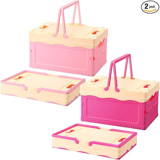 2 Pcs Pastel Plastic Collapsible Storage Crates with Lids and Handle Collapsible Picnic Basket Stackable Storage Bins Cute Foldable Container for Home Kitchen Office Bathroom(Pink,Hot Pink)