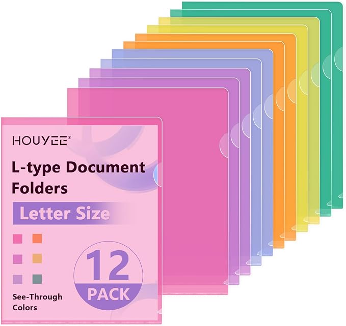 HOUYEE 12 Pack Clear Document Folders, L-Type Plastic File Folder Sleeves, Project Folders Paper Sheet Protectors for 8.5" x 11" Letter Size, for Home, Office, and School Use (6 Assorted Colors)