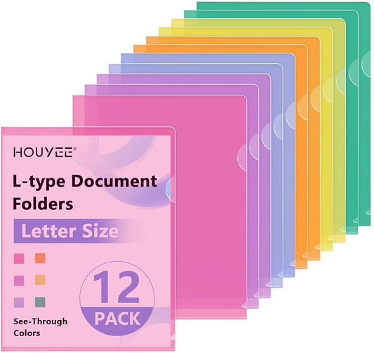 HOUYEE 12 Pack Clear Document Folders, L-Type Plastic File Folder Sleeves, Project Folders Paper Sheet Protectors for 8.5" x 11" Letter Size, for Home, Office, and School Use (6 Assorted Colors)