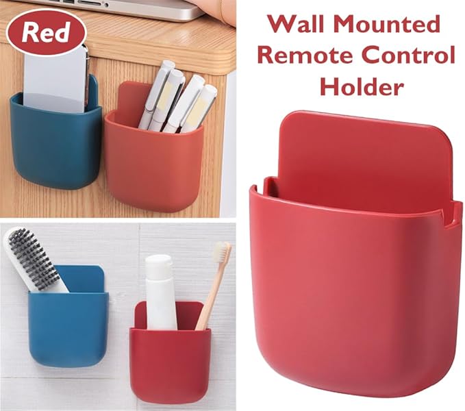 AKOAK Wall-mounted Remote Control Holder, Self-adhesive Wall-mounted Storage Case - Cell Phone, Pen, Makeup Brush, Glasses, Storage Case Next to Desk, Pack of 1 (Red)