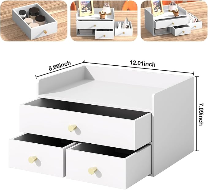 Bamboo Desk Organizer with Drawers Wooden Desktop Storage Organization Box for Bills Office Supplies Kitchen Utensils Organizing Tool for Home Classroom Vanity, No Assembly Required (3 Drawers, White)