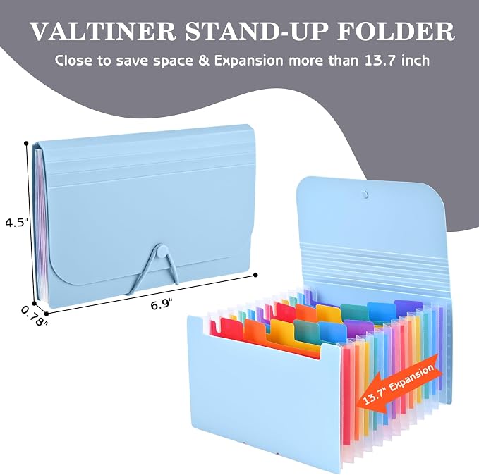 2Pcs Receipt Coupon Holder Organizer, 13 Pockets Small Accordian File Organizer, Expanding File Folder with Colorful Tabs, A6 Size for Cards, Check, Tickets, Monthly Bills Storage (Blue)