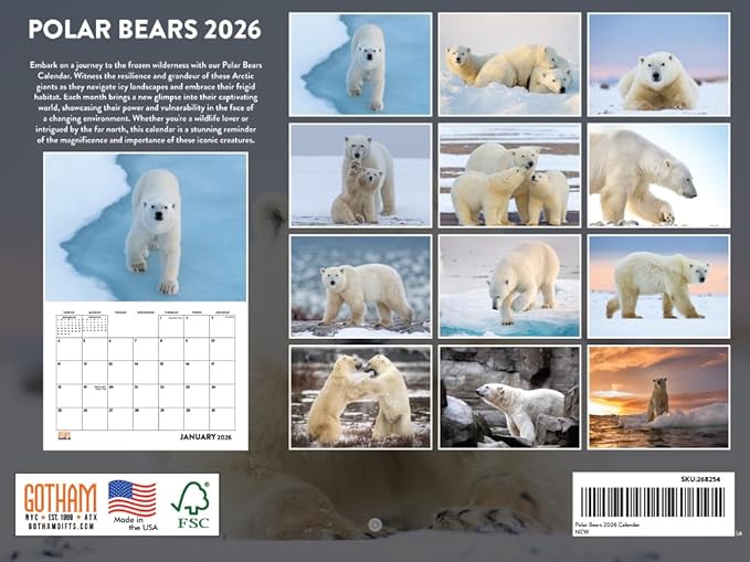 Polar Bear Calendar 2026 Monthly Wall Calender 12 Month | American Made In The USA