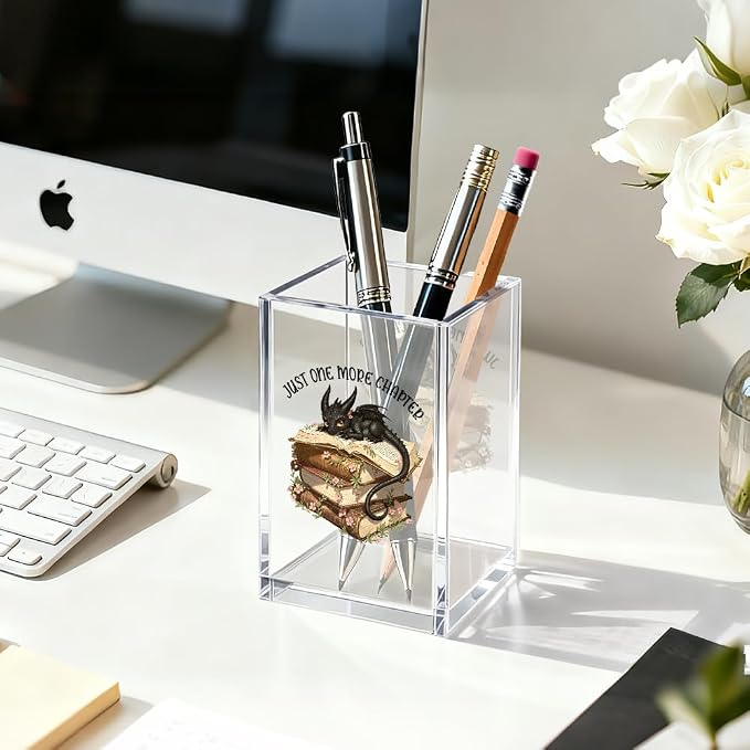 Just One More Chapter Acrylic Pen Holder Cosmetic Organizer, Retro Dragon Book Pen Pencil Holders for Desk, Bookmark Holder for Bookshelf, Bookish Gifts for Librarian Bookworm Reader Teacher