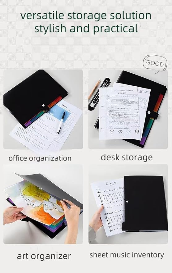 Black Accordion File Folder 8 Pockets Expanding File Organize with Labels,A4 Letter Size Paper Document Receipt Organizer Accordion Filing Folder for Classroom,Home,Office