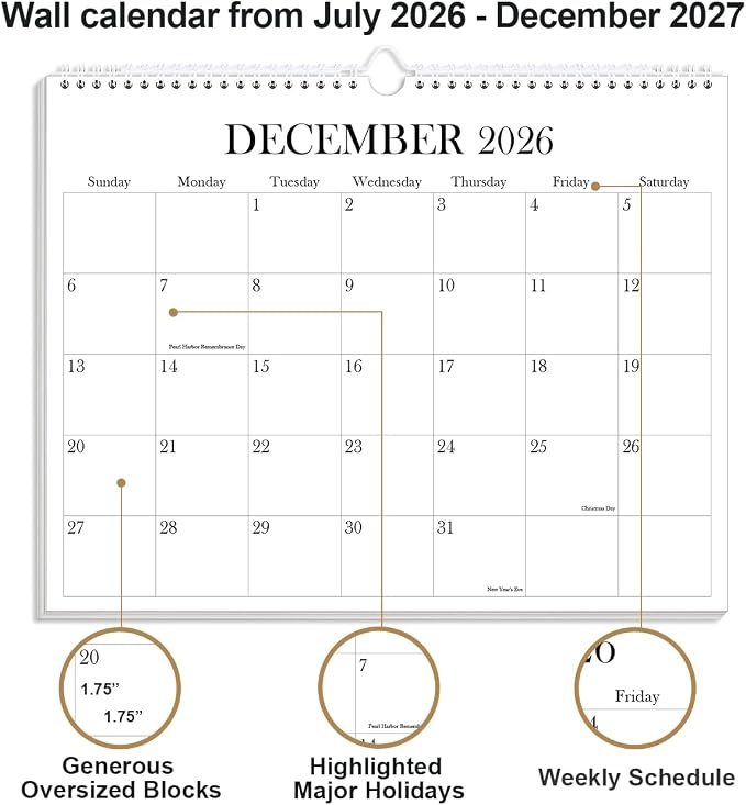 Calendar 2026-2027 - Wall Calendar from July 2026 to December 2027, 2026-27 Wall Hanging Calendar Planner with Thick Paper, 12" x 14.5", Black
