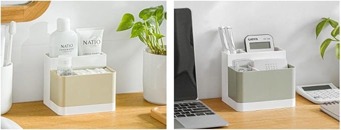 Khakho Desktop Storage Organizer Remote Control Holder Makeup Brushes Organizer Pencil Pen Holder Desktop Storage Box for Desk, Home Office Supplies (White)