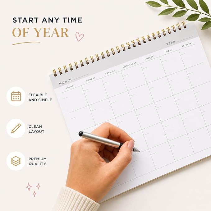 Paper 'n Such- Blank Calendar, Undated Monthly Planner, Simple Desk Agenda -DIY Custom Scrapbook for Photos -15 Sheets, Spiral Bound, Large 8.5x11", Customizable for Home, Office, or School