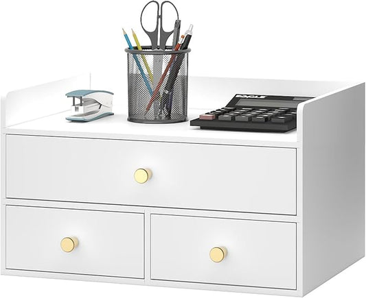 Bamboo Desk Organizer with Drawers Wooden Desktop Storage Organization Box for Bills Office Supplies Kitchen Utensils Organizing Tool for Home Classroom Vanity, No Assembly Required (3 Drawers, White)