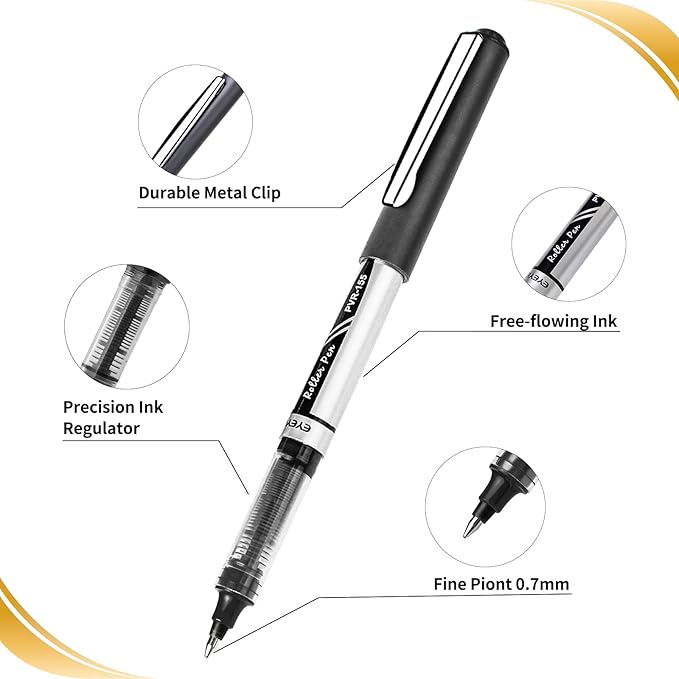 EYEYE 8 Pack Black Rollerball Pens 0.7mm, Medium Point Roller Ball Pen Quick Dry, Liquid Ink Pens Fine Point Smooth Writing Pen for Journaling, Note Taking, Office, School Supplies