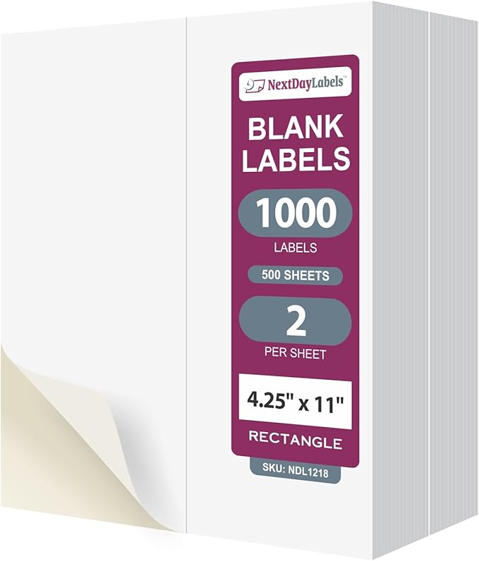 NextDayLabels 4.25x11 Inch Rectangle Stickers White Blank Labels for Laser Inkjet Printer - 2 Per Sheet Self-Adhesive Shipping Packaging Product Made in USA - 1000 Labels