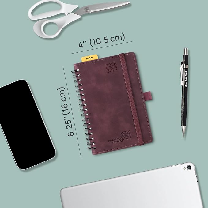 POPRUN Pocket Planner 2026-2027 (JUL 26-JUN 27), Purse Size 4" x 6.25", Small Pocket Calendar for Purse, Academic Weekly and Monthly Calendar with Ruler, Spiral Softcover, 100GSM - Brown