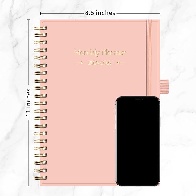 RETTACY 2026-2027 Monthly Planner, Jan 2026 - Dec 2027, Large Size (8.5" x 11"), Agenda, Calendar, 24 Month Tabs, Flexible Plastic Cover, 100 GSM Thick Paper, Spiral-bound (Pink)