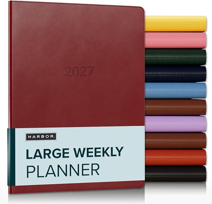 Harbor Large Weekly Monthly Planner 2027, Calendar Planner & Notebook - Durable Faux Leather, 192 Pages, Softcover & Book Bound - Cambridge Red - 9.75x7.5"