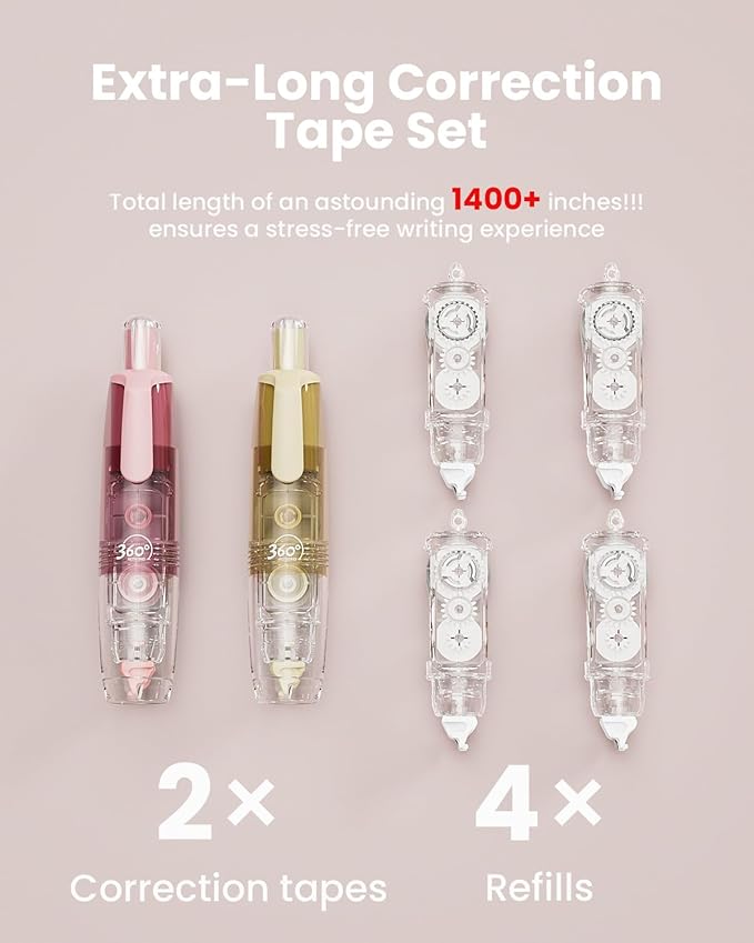 Four Candies Refillable Retractable White Correction Tape, 2PCS White Cute Smooth Push Pull Out Tape with 4 Extra Refills, Aesthetic Pen Shaped Applicator for School Office Supplies (Pink Apricot)