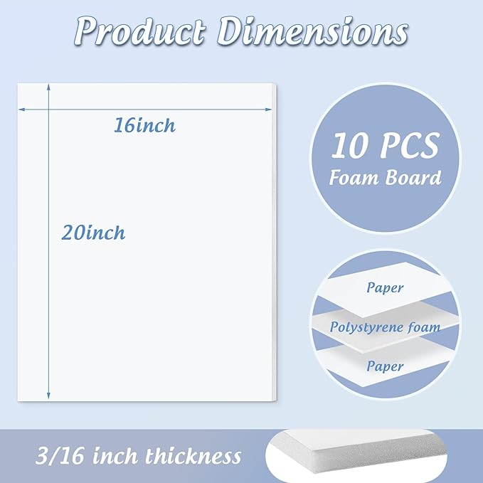 Golden State Art, 10 Pack White Foam Board 16X20 Inch, 3/16'' Thick, Acid Free Foma Core Poster Board for Mounting, Crafts, Art, Presentation