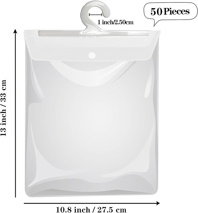 Hanging Storage Bags with Hanger,13" X11" Large Hook Hang-Up Clear Plastic Bags,Book Pouch School Supply Kit Classroom Organization for Classroom Library School Supplies Home Pharmacy Use (50)